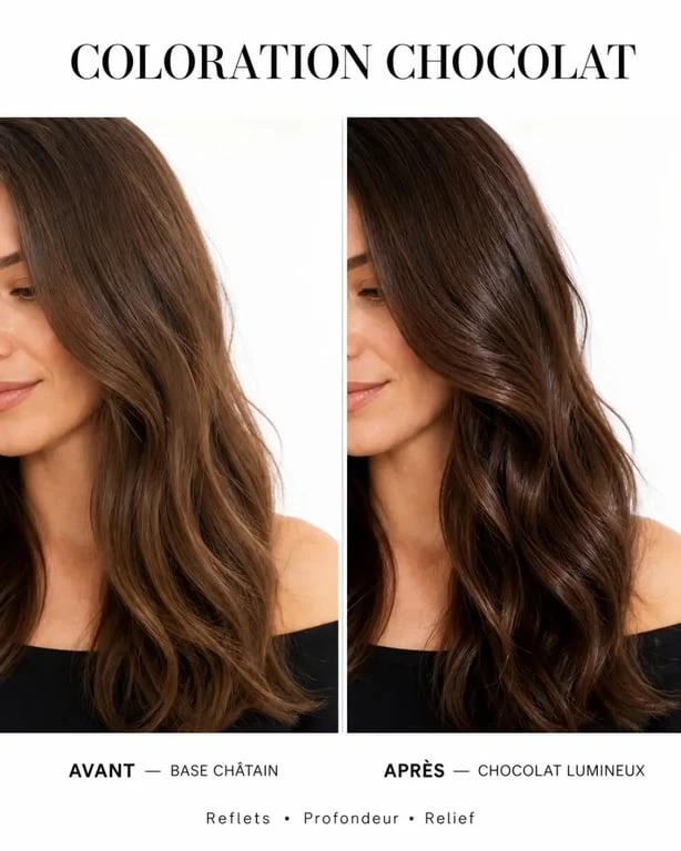 Coloration chocolat : avant-après d’un résultat brun chocolat lumineux sur cheveux châtains
