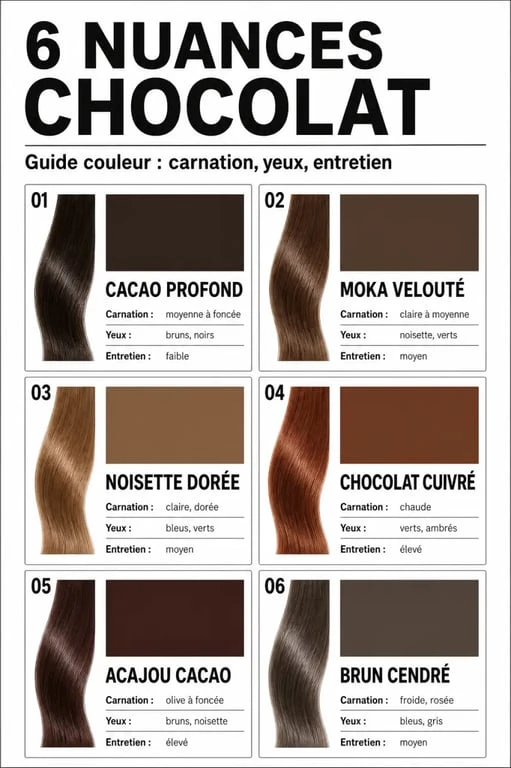 Coloration chocolat : comparatif des nuances cuivré, moka, noisette, cendré et acajou selon le teint