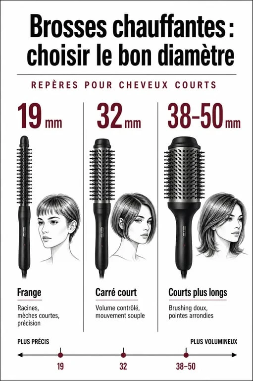 Brosse chauffante cheveux courts : comparaison des diamètres 19 mm, 32 mm et 38–50 mm selon la longueur et le résultat recherché