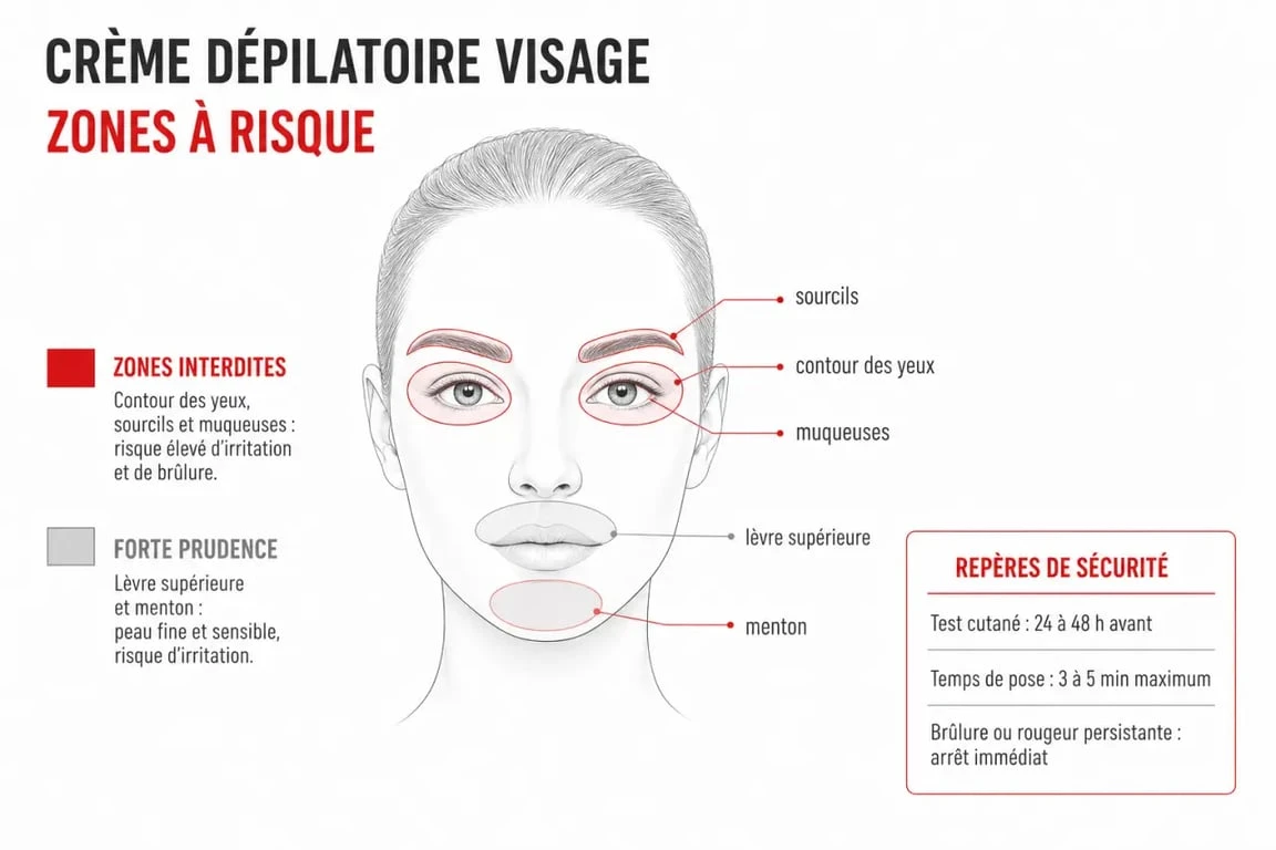 Crème dépilatoire visage danger : zones à éviter et repères de sécurité sur le visage