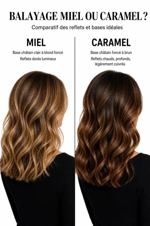 Balayage caramel ou miel comparé sur deux bases capillaires, reflets dorés et caramel en visuel éditorial