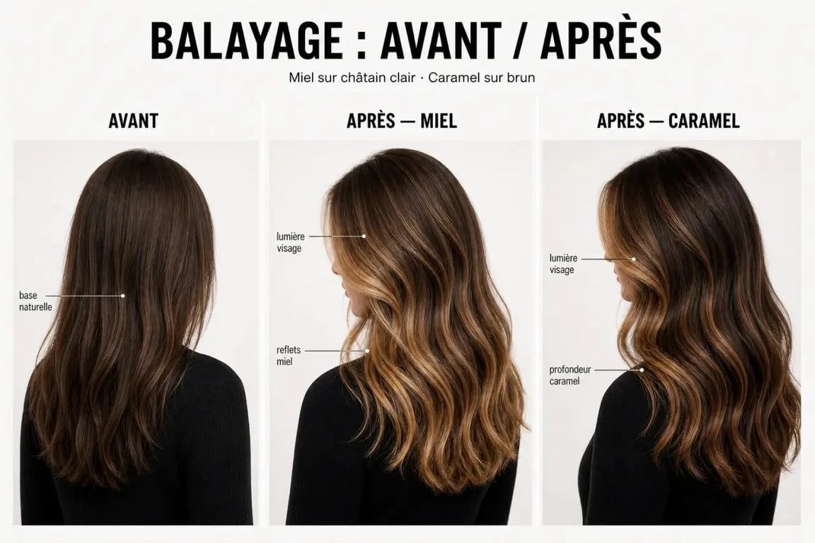 Balayage caramel ou miel avant après sur cheveux châtain et brun, rendu réaliste et lumineux
