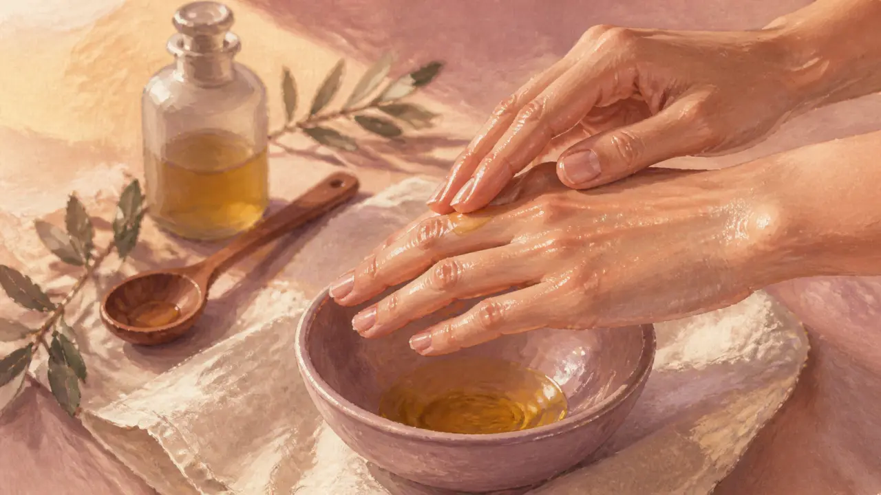 Massage huile olive : application d’huile d’olive sur la peau