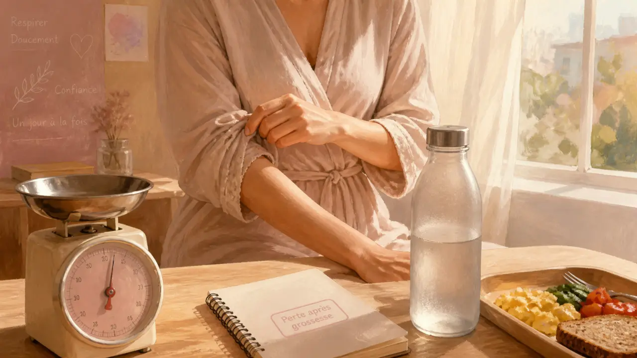 Perte de poids après grossesse : table, balance et repas simple