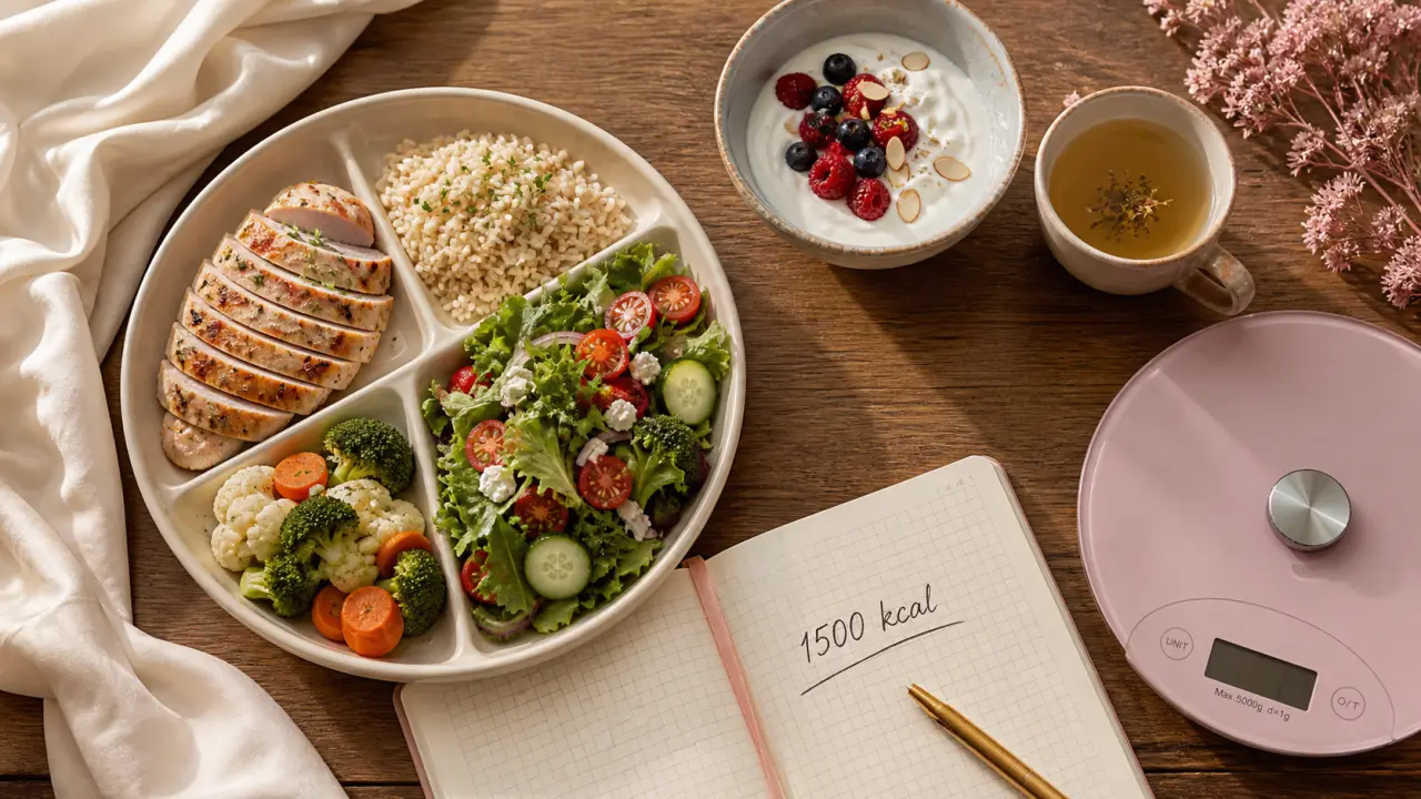 Régime 1500 calories : repas équilibré, poulet, riz complet, salade
