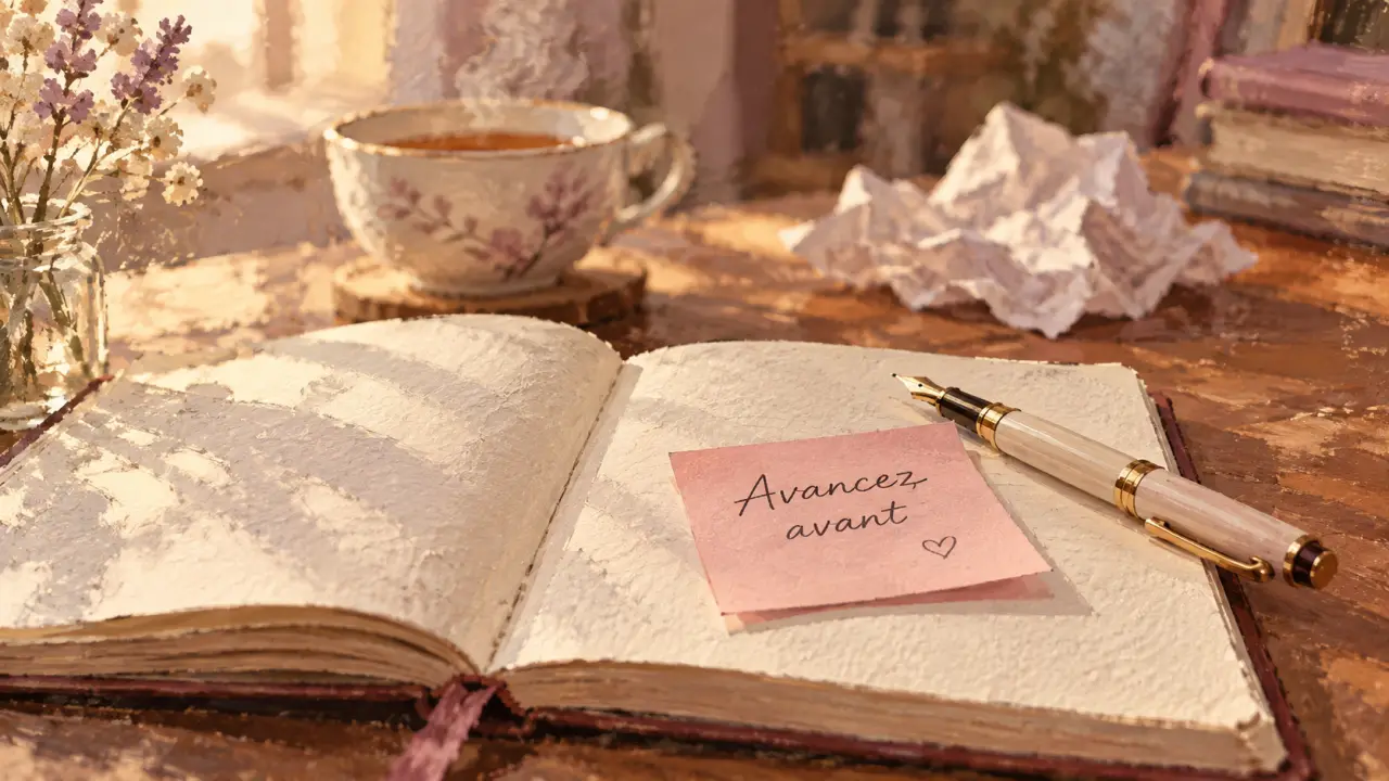 Confiance en soi citation : avancer avant, bureau et carnet, lumière du matin