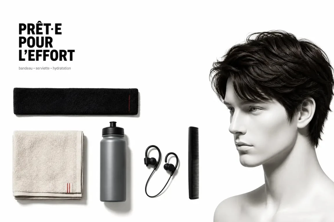 Coiffure pour le sport avec bandeau anti-transpiration et accessoires utiles