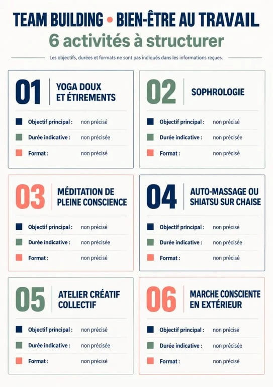 Infographie des activités de team building bien-être au travail et de leurs formats