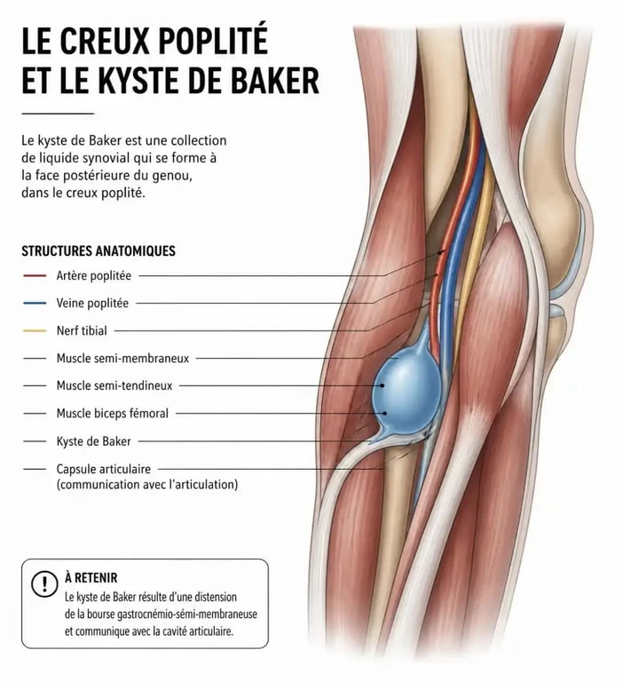 Schéma anatomique illustrant un kyste poplité derrière le genou