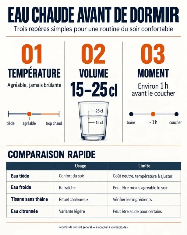 Boire de l'eau chaude avant de dormir : température, quantité et alternatives du soir