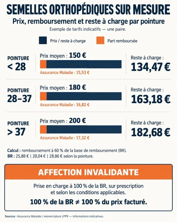 Tarif des semelles orthopédiques sur mesure et niveaux de remboursement selon la pointure