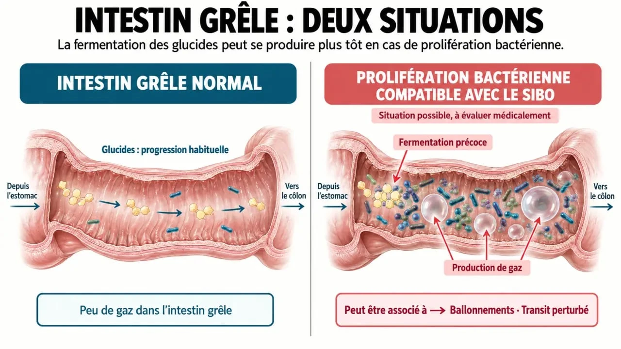 Schéma explicatif du SIBO symptômes traitement, avec fermentation bactérienne dans l’intestin grêle