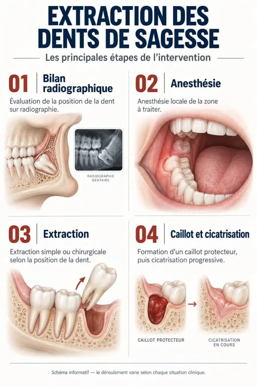Infographie sur l’opération des dents de sagesse, de la radiographie à la cicatrisation
