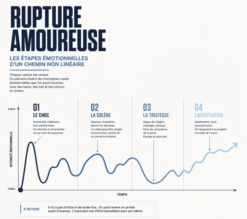 Étapes du deuil amoureux pour se remettre d'une rupture, illustration des phases émotionnelles