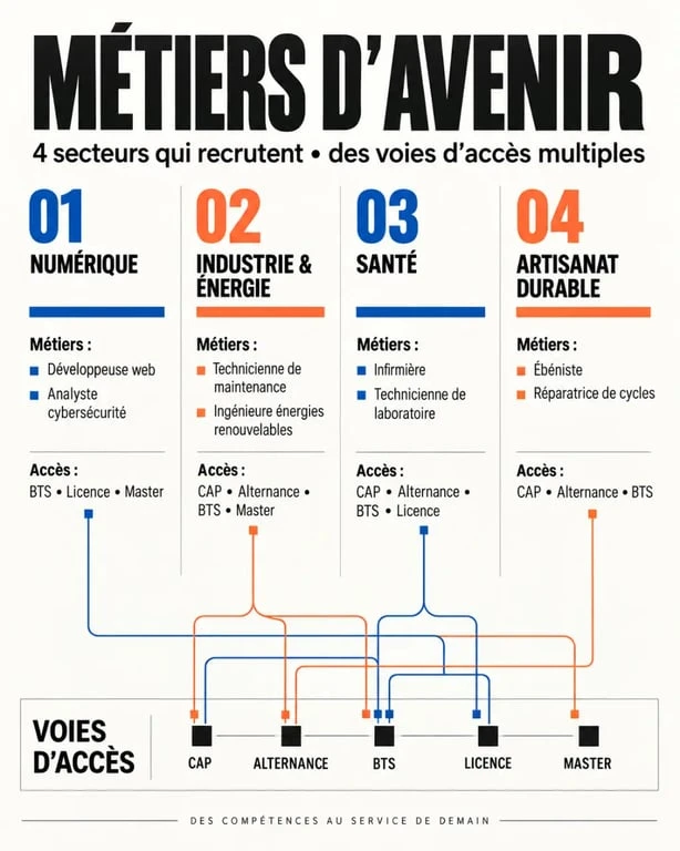 Infographie sur les métiers d’avenir pour les femmes, les secteurs porteurs et les voies de formation