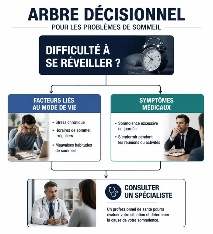 Infographie décisionnelle pour identifier quand consulter un spécialiste pour un sommeil trop profond et un réveil difficile