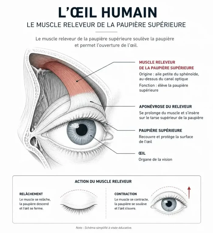 Schéma anatomique du muscle releveur pour comprendre la paupière tombante et sa solution naturelle
