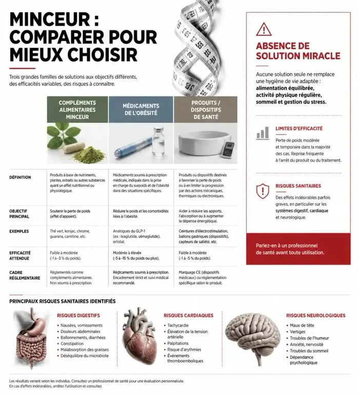 Efficacité produit minceur : comparaison des compléments alimentaires, médicaments et risques sanitaires