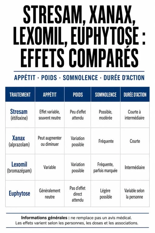 stresam perte de poids : tableau comparatif de l'appétit, du poids et de la somnolence selon les traitements