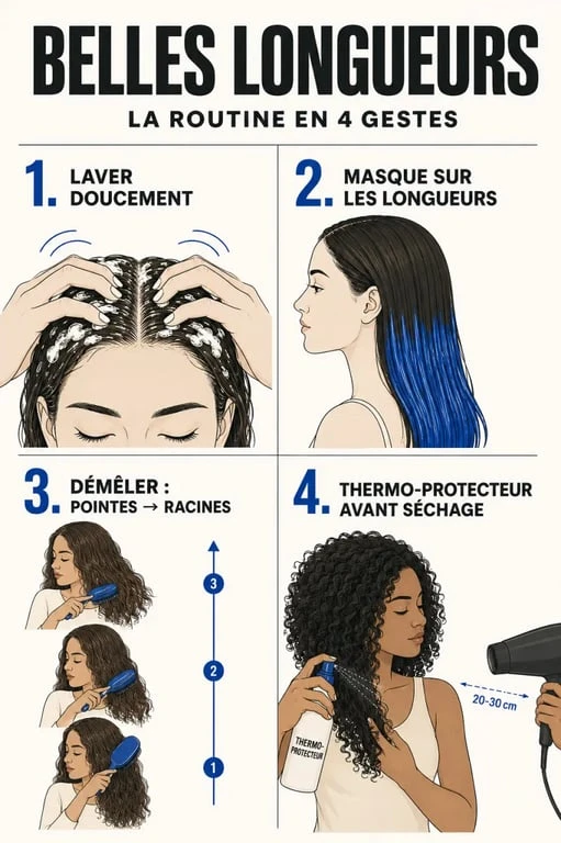 Routine illustrée pour avoir de beaux cheveux : lavage, masque, démêlage et protection thermique