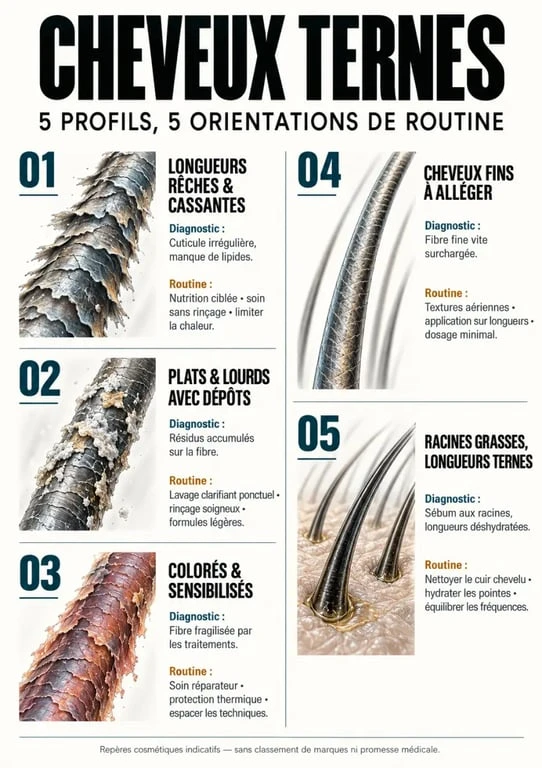 Soin cheveux ternes : diagnostic selon cheveux secs, saturés, colorés, fins ou gras