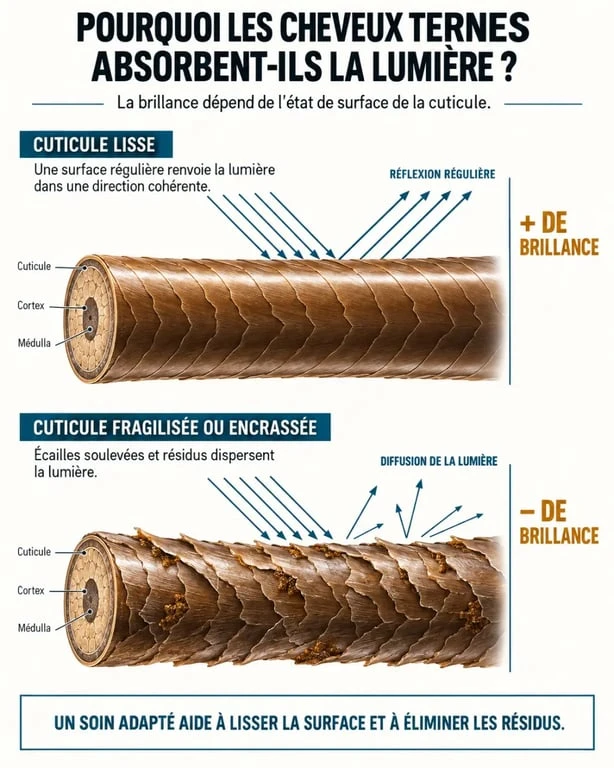 Soin cheveux ternes : schéma de la cuticule et de la réflexion de la lumière