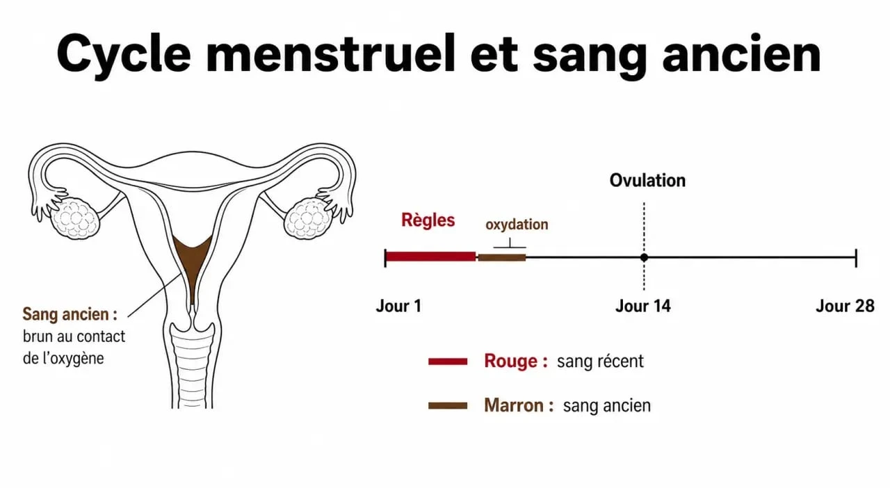 Perte marron 1 semaine après les règles : schéma de l’utérus montrant le sang ancien oxydé et le spotting d’ovulation