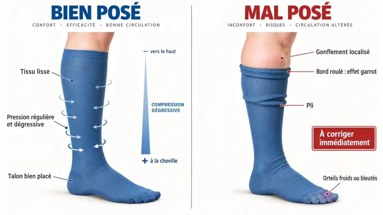 Bas de contention trop serré : schéma du bon ajustement et de l’effet garrot