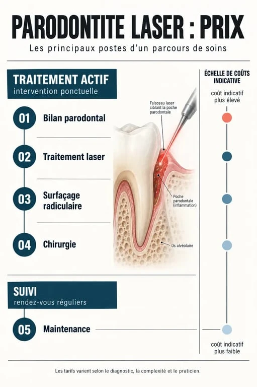 Infographie sur le traitement parodontite laser prix et les principaux coûts du parcours de soins