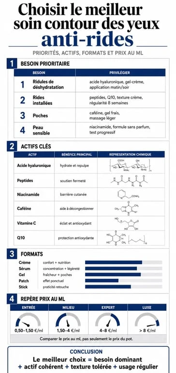 Infographie anti ride yeux meilleur avec actifs, formats et critères de choix