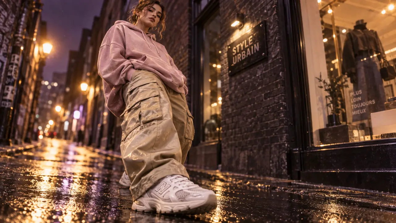 Femme streetwear en hoodie rose poudré et cargo beige doré, look urbain