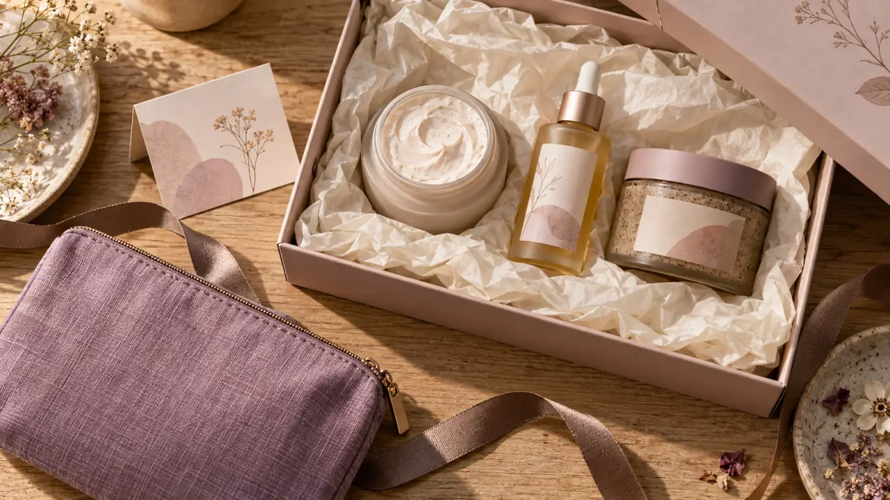 Coffret bien être femme ouvert avec crème, huile et gommage