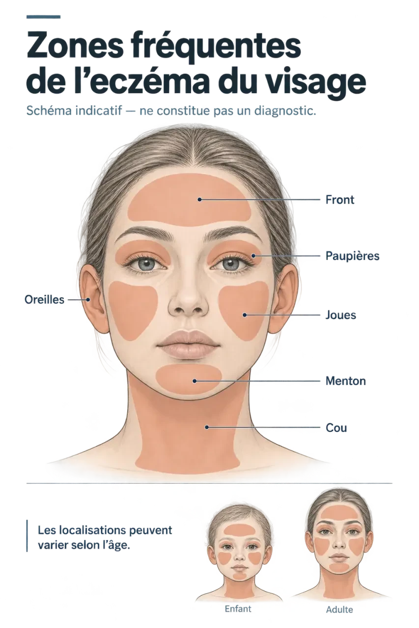 Schéma des zones touchées par l’eczéma du visage