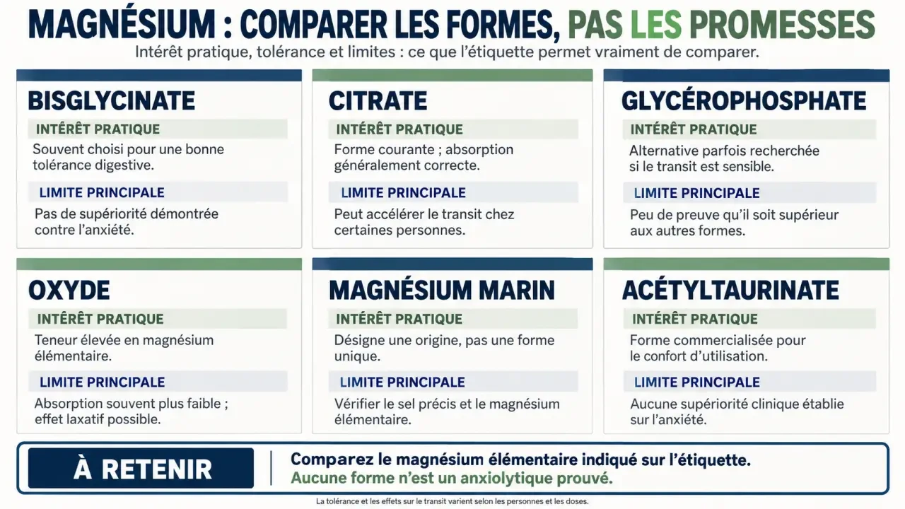 Quel magnésium contre le stress et l anxiété : comparaison des formes bisglycinate, citrate, oxyde et magnésium marin