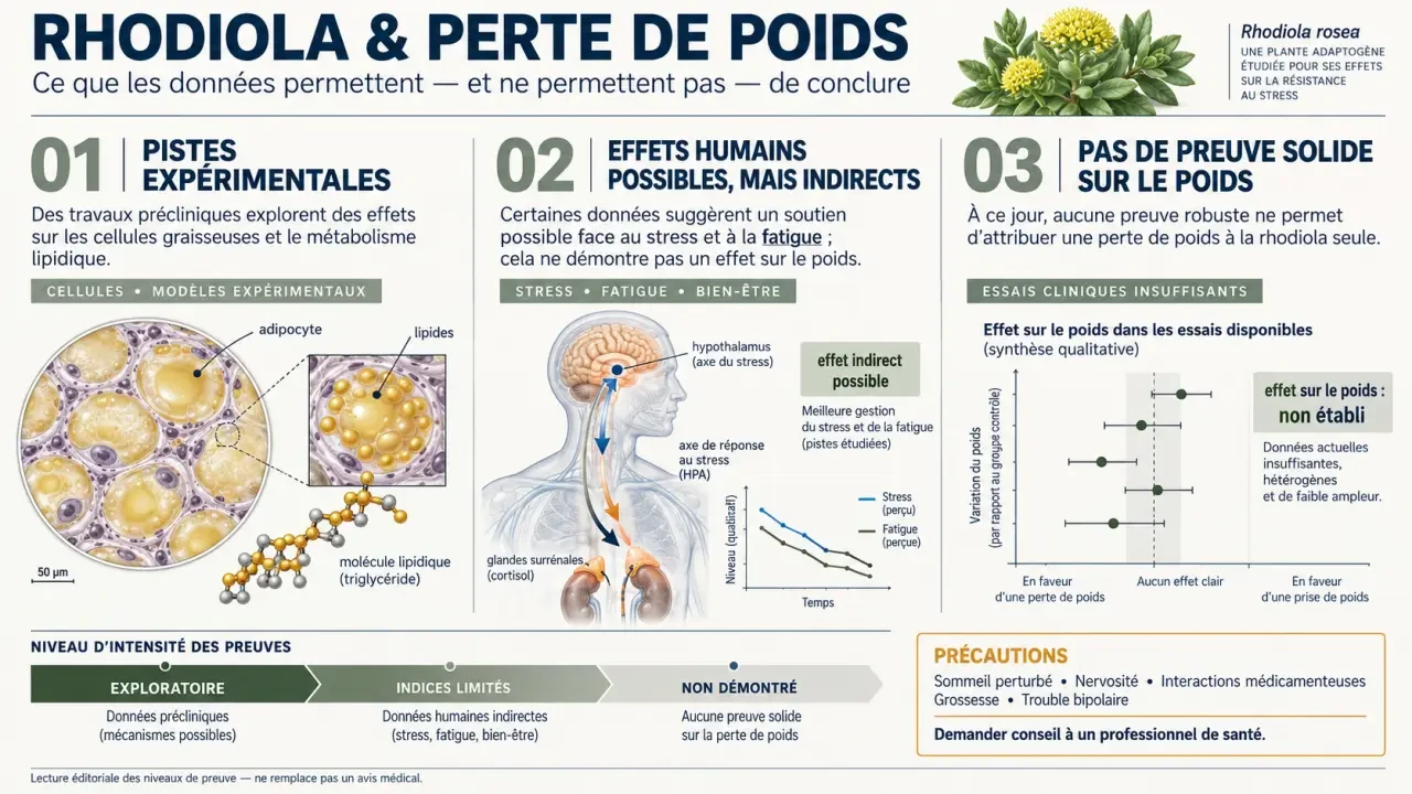 Infographie scientifique sur la rhodiola et la perte de poids, les preuves limitées et les précautions