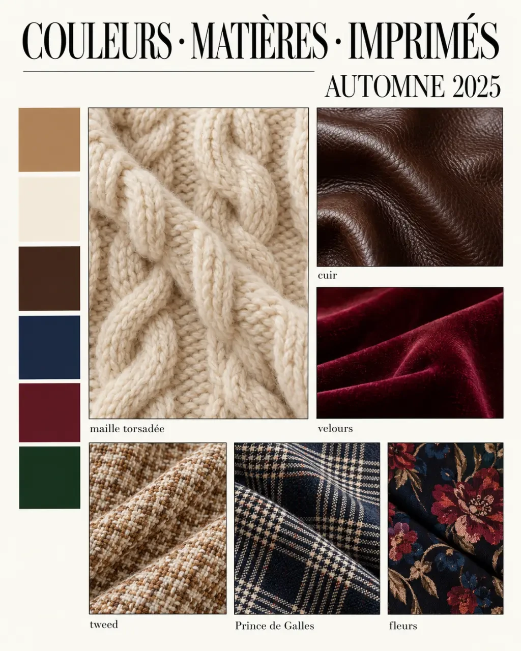 Couleurs et matières tendance de la mode femme automne 2025 avec maille, cuir et tweed