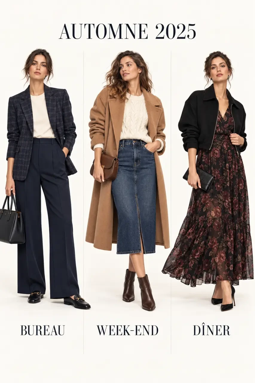 Trois looks de mode femme automne 2025 pour le bureau, le week-end et le dîner