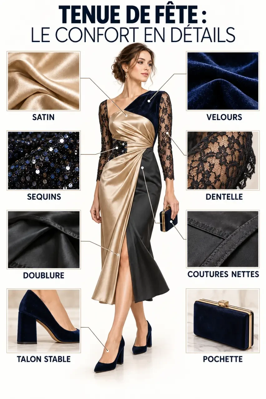 Détails de matières et accessoires pour une tenue de fête femme confortable