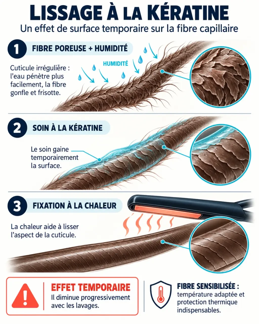Schéma du mécanisme du lissage à la kératine sur une fibre capillaire poreuse