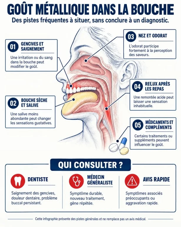 Infographie sur les causes du goût métal dans la bouche et les professionnels à consulter