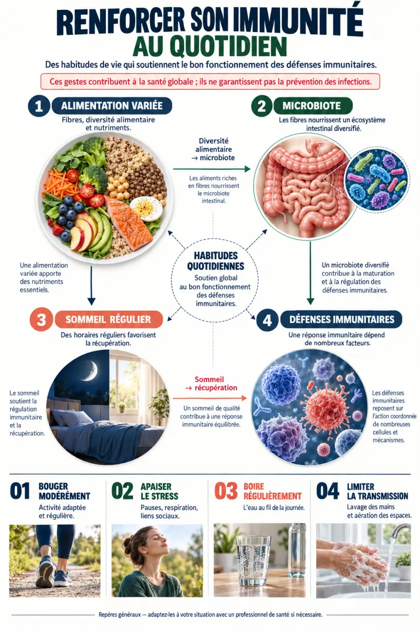 Infographie pour renforcer son immunité naturellement avec alimentation, sommeil, activité physique et hygiène