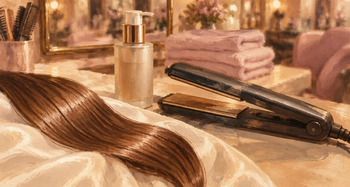 Lissage keratine : cheveux bruns lissés, brillants et souples au salon