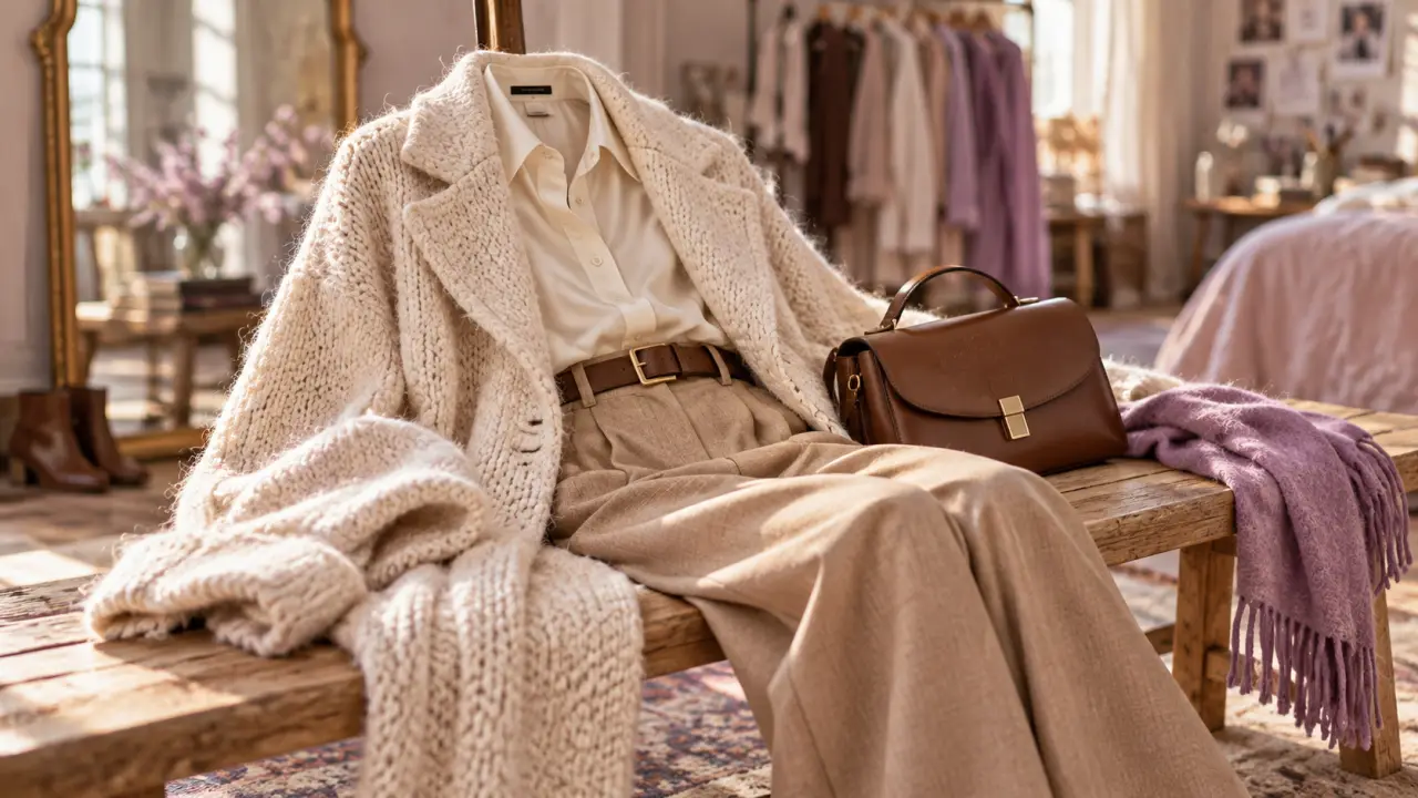 Mode femme automne 2025 : manteau oversize ivoire et pantalon large beige doré