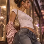 Tenue année 2000 femme Y2K chic : denim bootcut, baby tee et sac baguette