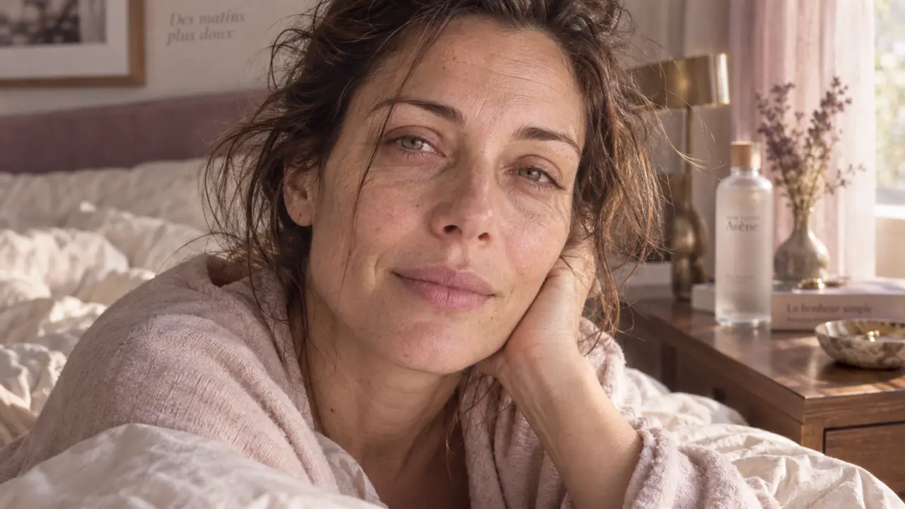 Visage femme 40 ans sans maquillage, peau naturelle au réveil, lumière douce